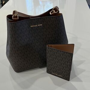 Michael Kors NEW Dark Brown MK Monogram Tote Bucket Bag + Wallet Passport Size.